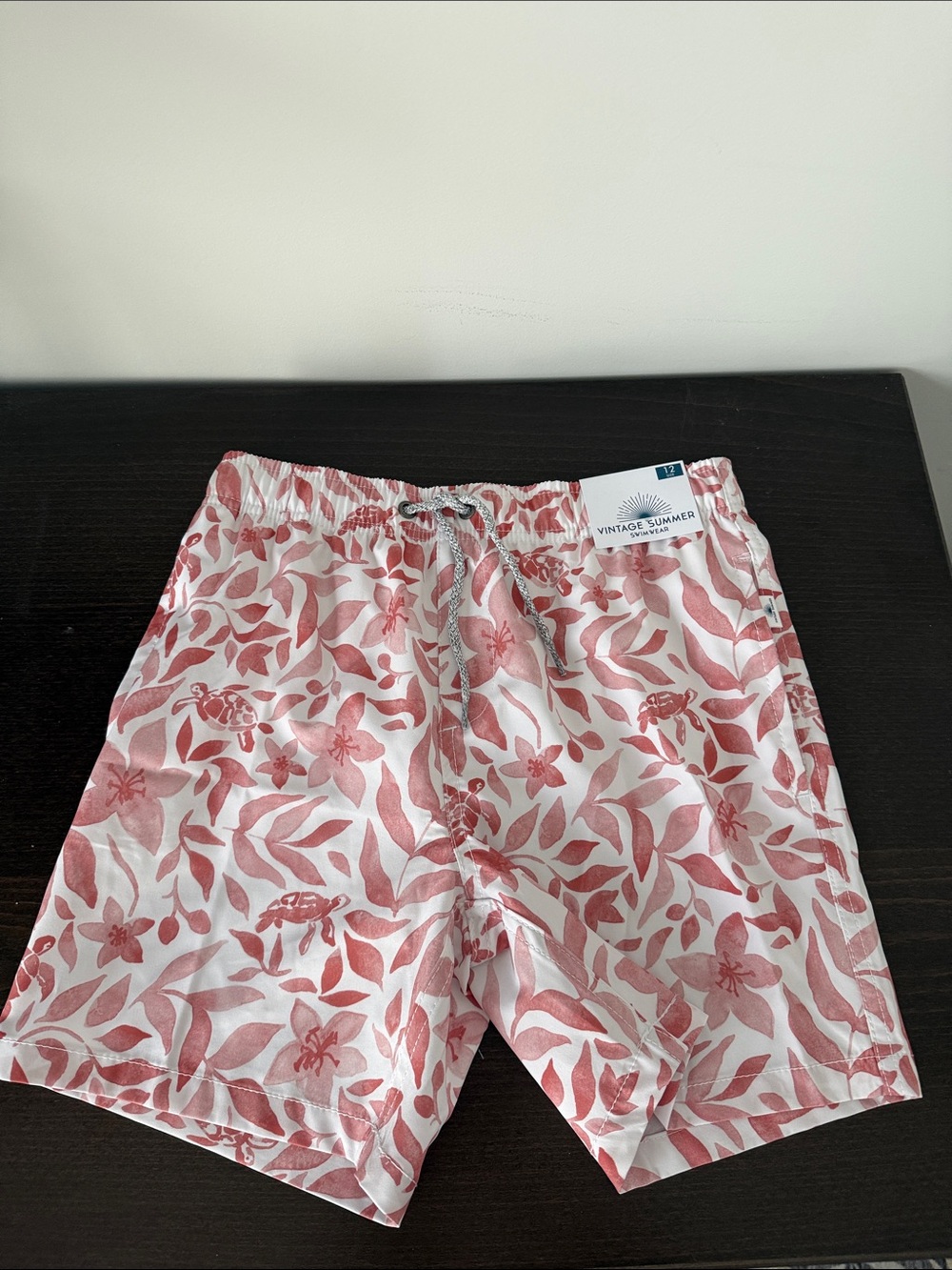 Boy’s Vintage Summer Floral Drawstring Swim Shorts - Coral/White 12Y